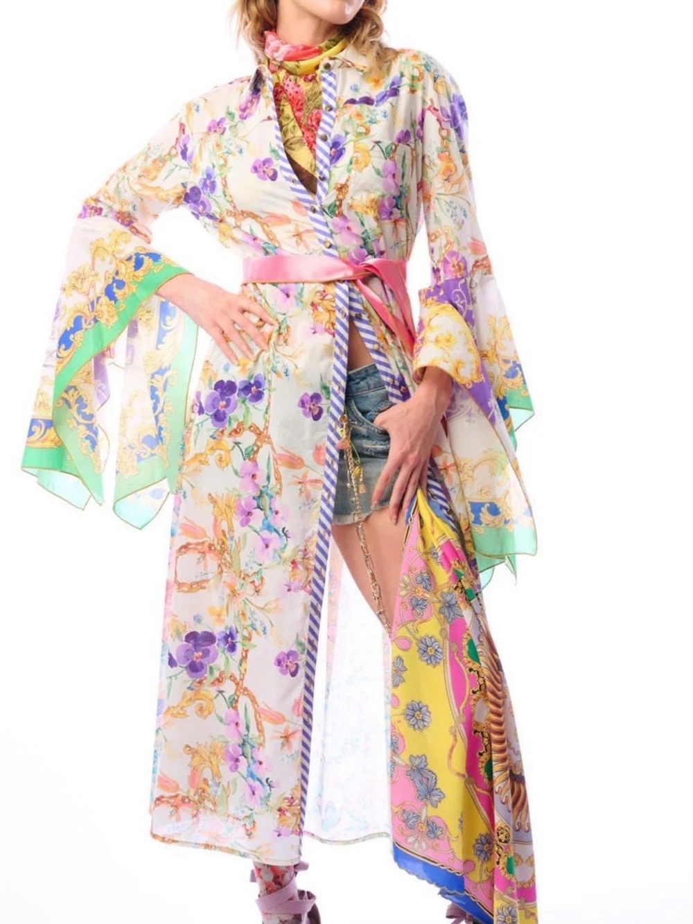 Aratta Miami  Floral Dress / Duster with Pink Sash/ Pockets!